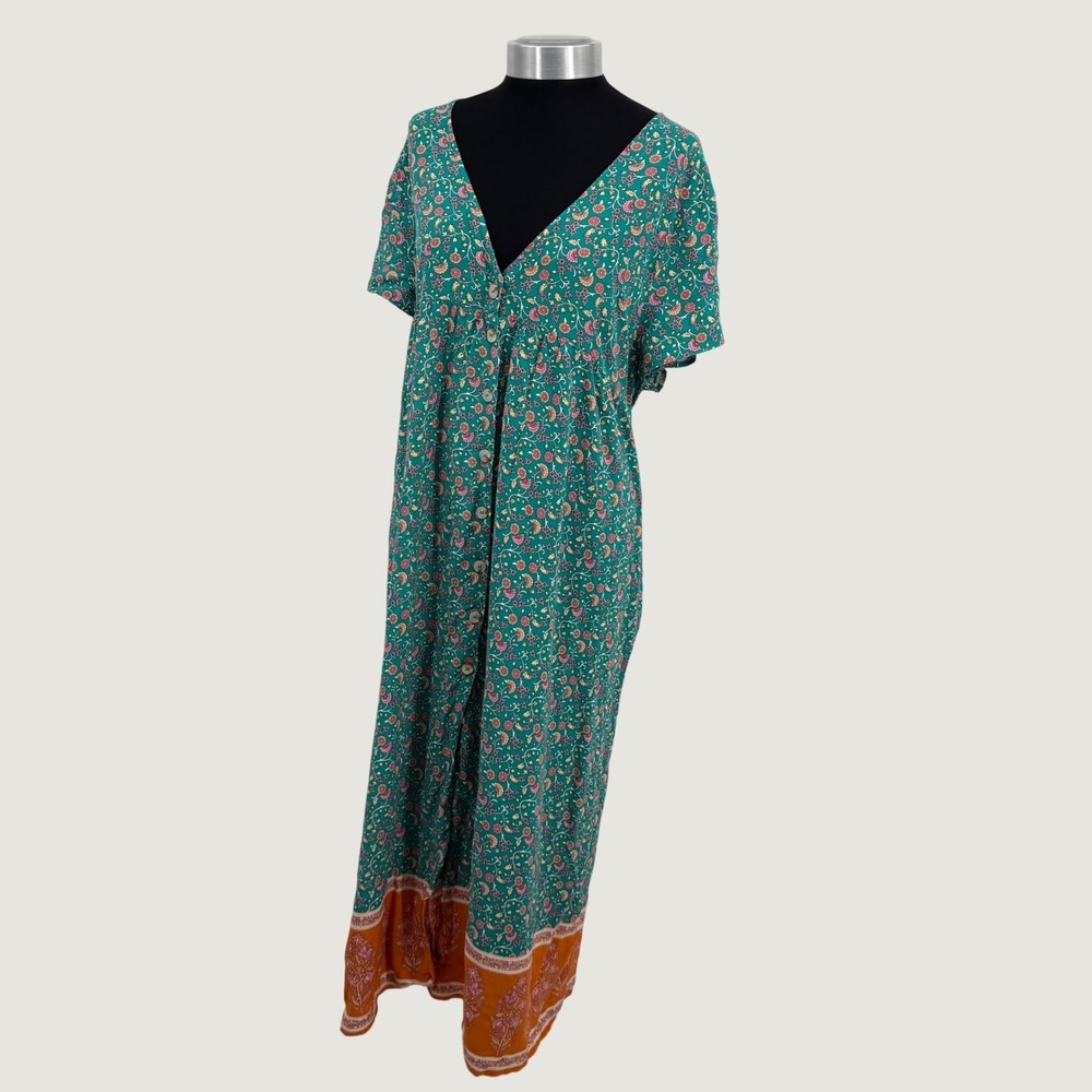 Natural Life Rebecca Womens XL Teal Floral Rayon Maxi Dress V-Neck Boho Pockets - Picture 7 of 16